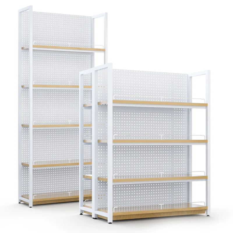 Grocery Metal Back Wooden shelving Pegboard panel Wooden Shelf