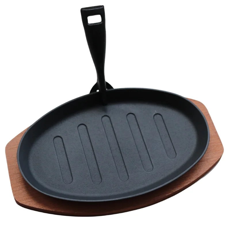 Factory wholesale commercial or household oval cast iron barbecue  plate Fry Grill Plate matching wood bottom cast iron fry  pan