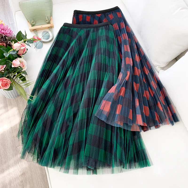 High Quality Cheap Price Women High Waist Plaid Print Chiffon Maxi Skirts