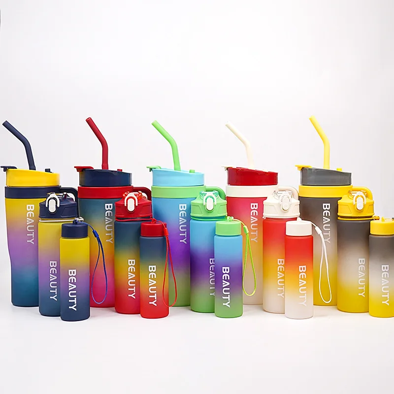 3 in 1 Gradient color frosted straw dual-drinking plastic large-capacity car-mounted 3pcs handle cooler cup water bottle