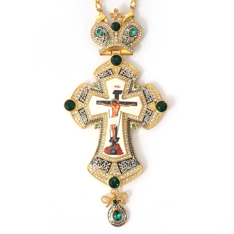 Luxury Greek Gold Plated Alloy Orthodox Pendant Gunmetal Russian Pectoral Cross with Jesus Icon Necklace for Priest