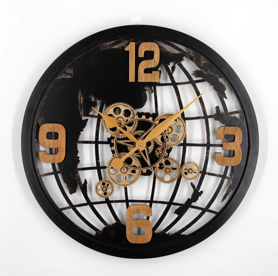 Good quality factory directly art hollow out COG clocks metal moving gear wall clock Earth design decore