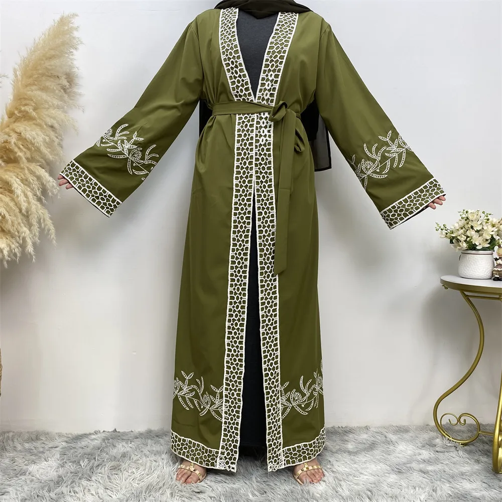Muslim Robe Prayer Dress Lace Embroidered Cardigan Wholesale Islamic Jibabra Jastani Mock Skirt Dubai solid color Long Cardigan