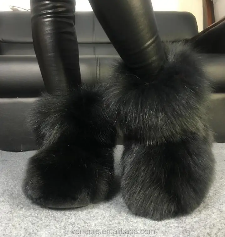Fashion winter luxury fox fur shoes 4cm flat heel ankle bottine warm fur snow boots women