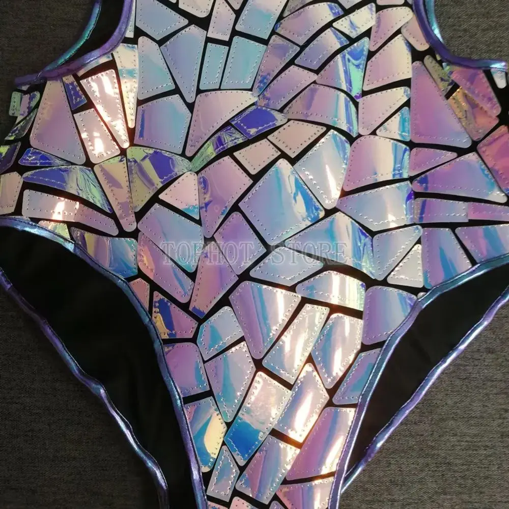 Purple Mirrors Bodysuit Cutout Strap Gogo Costume Women Dancer Jazz Dance Leotard Nightclub Party Sexy Performance Stage Wear