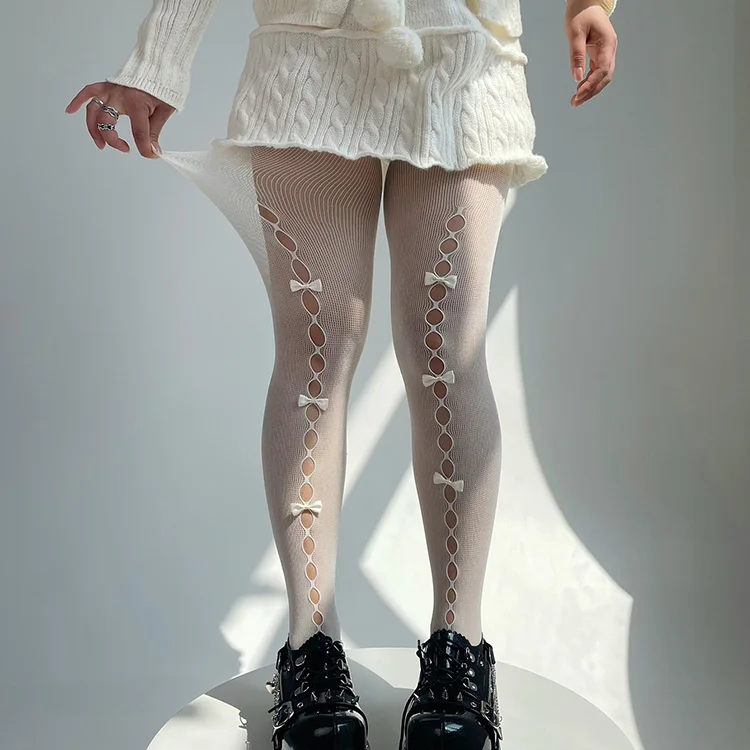 Lolita, handmade bow stockings, Japanese JK, white pantyhose, sexy cut black silk