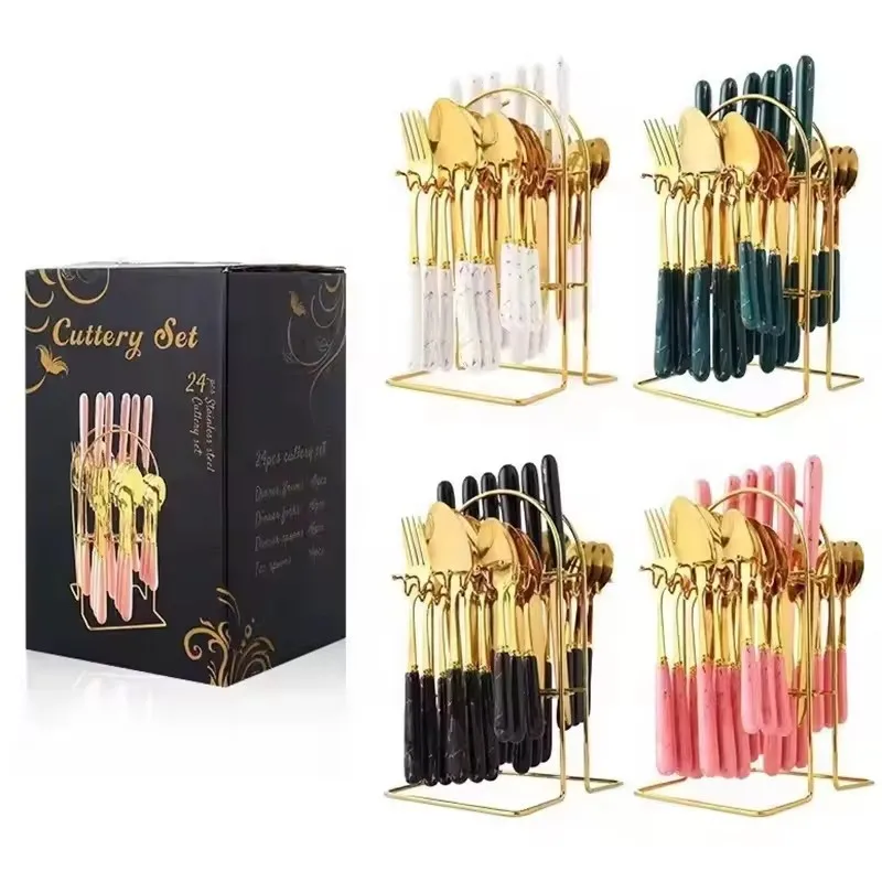 Stainless Steel 24 Piece Tableware Marble Ceramic Handle Knife Fork Spoon Gift Box Set Western Food Nordic Style Cutlery Set