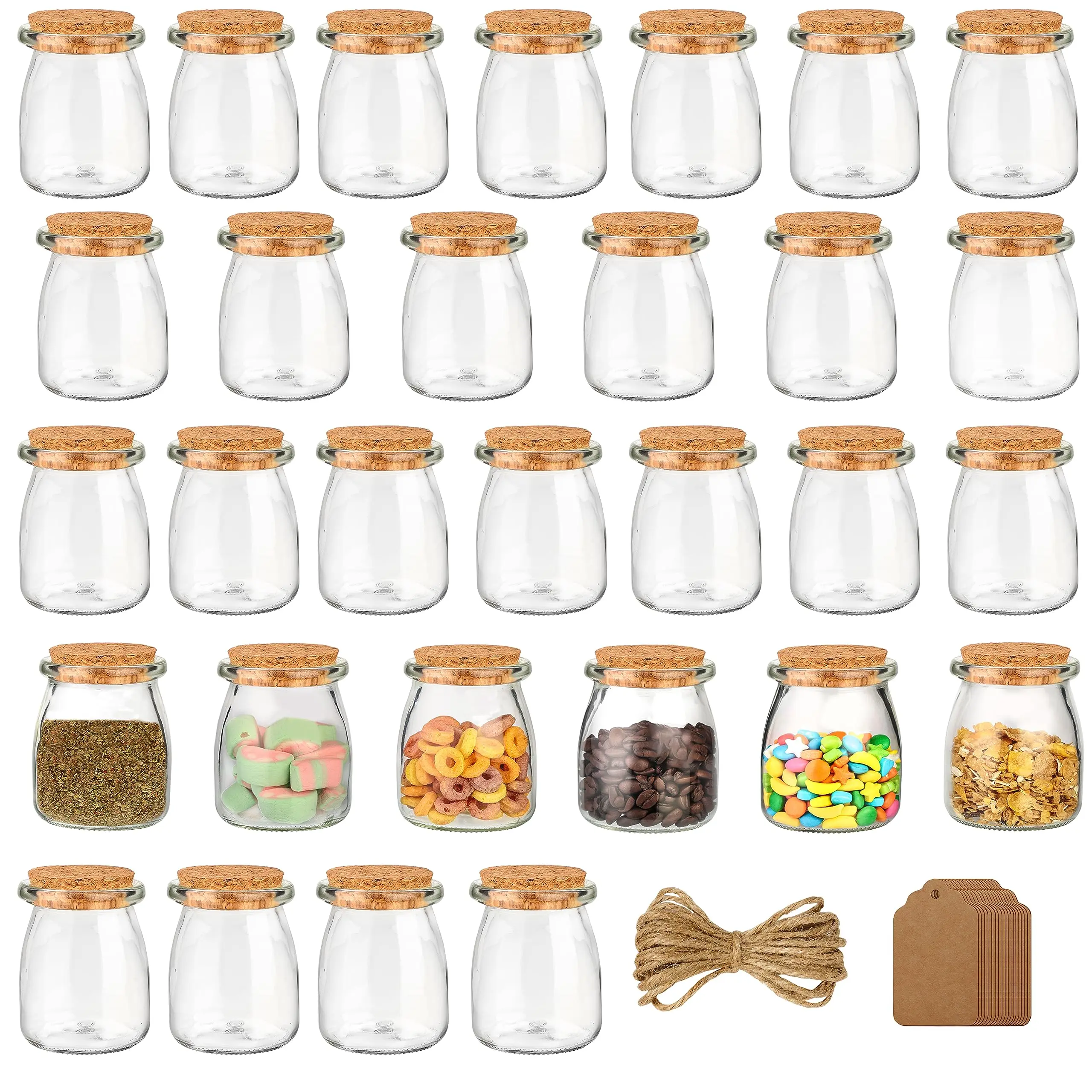NISEVEN 30 Pack 210ml Glass Favour Jar Set with Cork Lids Reusable Mini Square Mason Airtight Storage Bottles and Labels