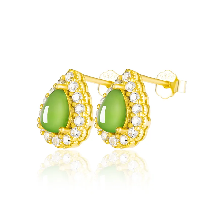 Spinach green natural old material Hetian jade jasper water drop earrings female S925 silverFashion Simplicity  D422