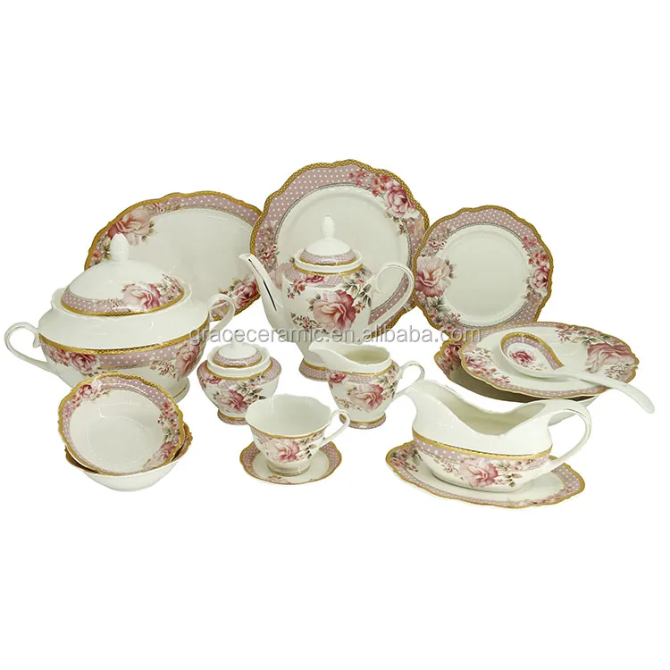 Vintage Floral Design Turkish Pink Bone china Ceramic Dinner Set Porcelain With Gold Rim