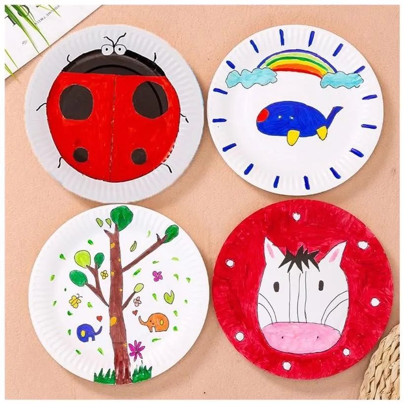 Wholesale Kindergarten Creative Handmade DIY Colorful Paper Plate Art Decal Disposable Circular 7-inch Cake Plate 50