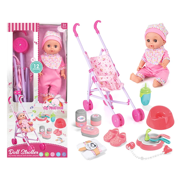 New Design Silicone Baby Pretend Play Toy Set Toy Strollers Doll Girl Toys with Sound Drinking and Pee Doll