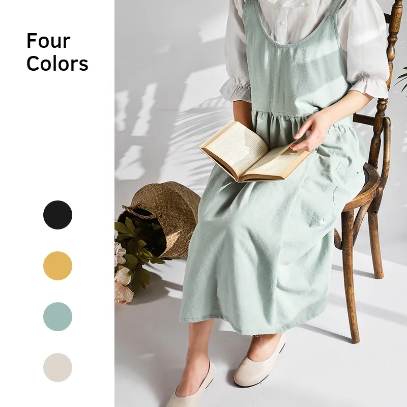 80%Cotton 20%linen Pleated Apron Kitchen Retro Waterdrop Proof Garden Cleaning Pinafore Dress Apron
