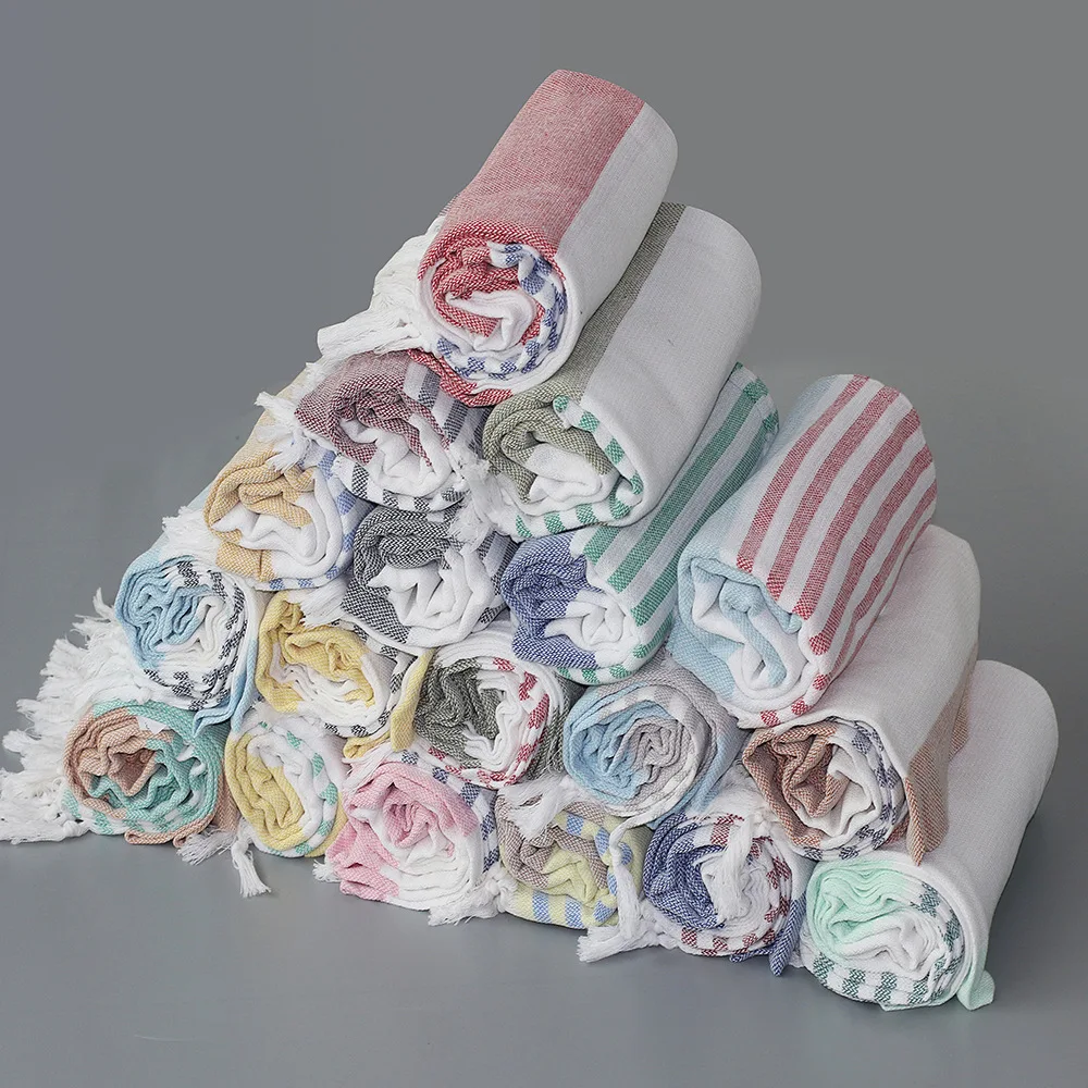 2023 summer best selling fashion stripes turkish cotton polyester beach towel with  tassels wholesale