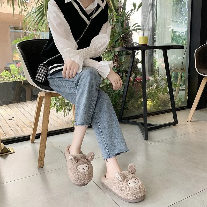 Wholesale plush big head ear home slippers cute Korean style plush warm flat cotton slippers