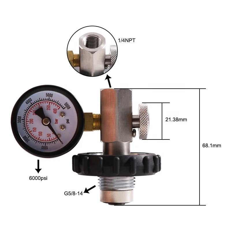 Paintball Air Gun Airsoft PCP HPA DIN G5/8-14 to 1/4NPT Scba Fill Station Charging Adapter Connector with 6000psi Gauge