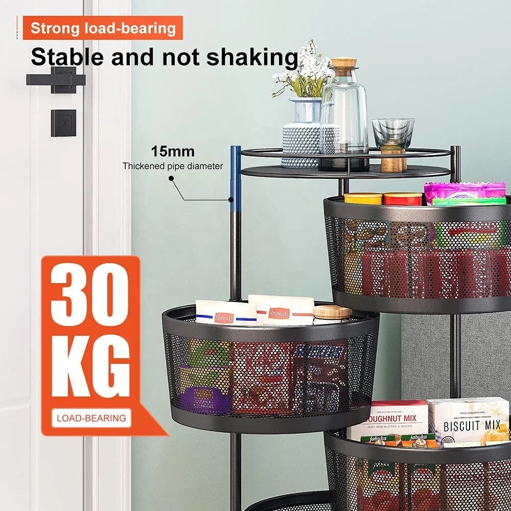 360 Degree Multi Layer Basket Storage Rotating Rack Storage Fruit Vegetable Display Rack Storage Rolling Trolley Cart Organizer
