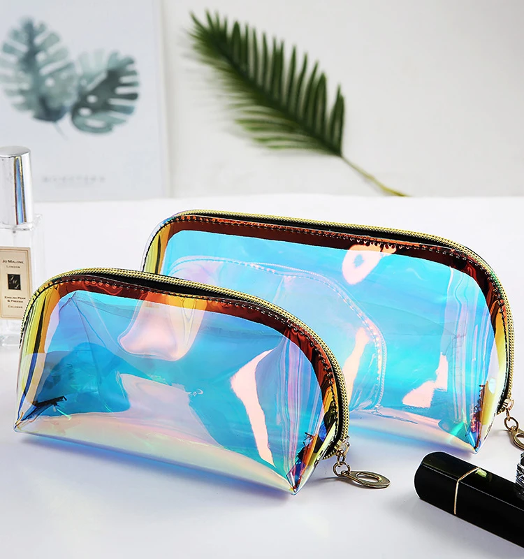 
Travel private label logo glitter clear TPU holographic cosmetic bag 