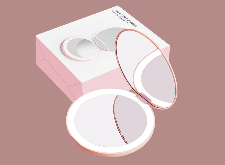 Compact Rechargeable Lighted Makeup Mirror Custom LOGO Handheld 2-Sided Travel LED Light Pocket Mirror