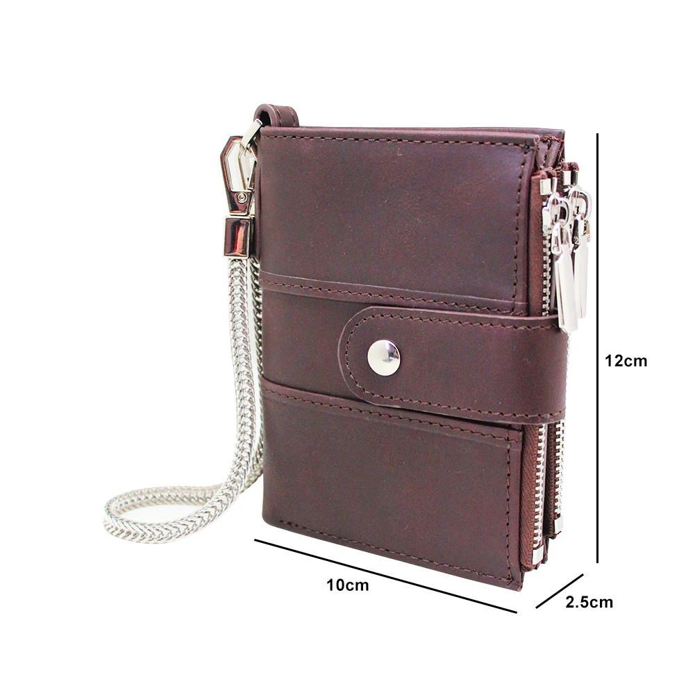 Factory Wholesale Vintage Genuine Leather Double Zippers Wallet With Removable Coin Purse Chain Men Bifold Wallet