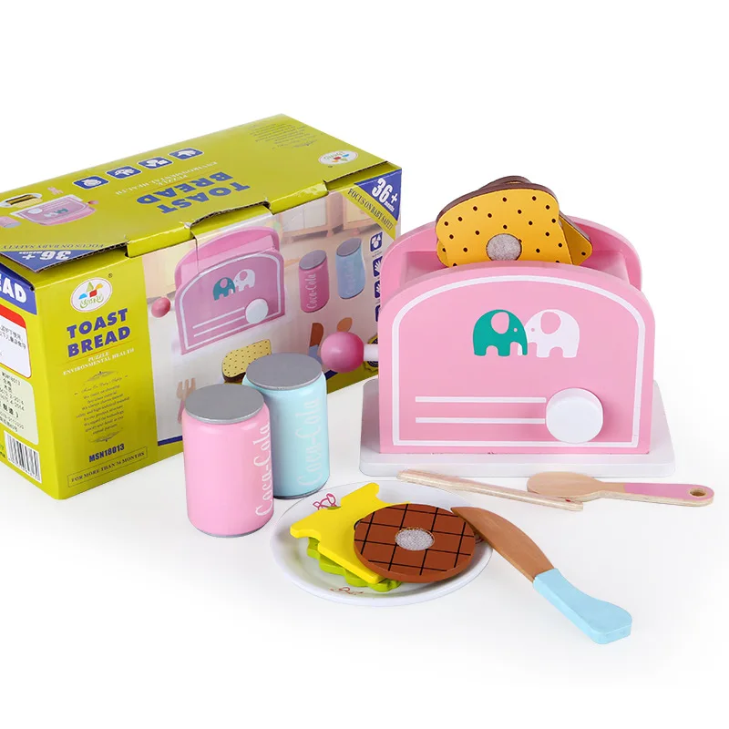 Kids Wooden Kitchen Cooking Mini Pink Bread machine toys Kids Pretend Play Wooden Kitchen Toys