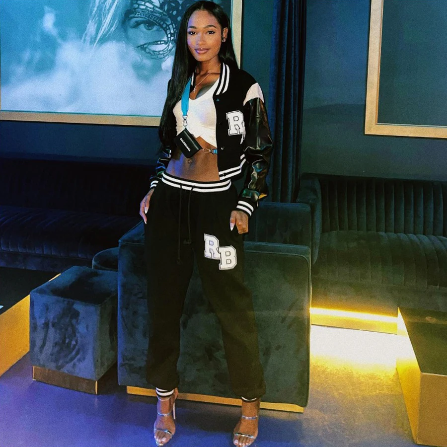 K22S19975 Embroidery Clothing Letterman 2 Piece Outfit Set Baseball Outfit Woman Two Piece Pant Sets