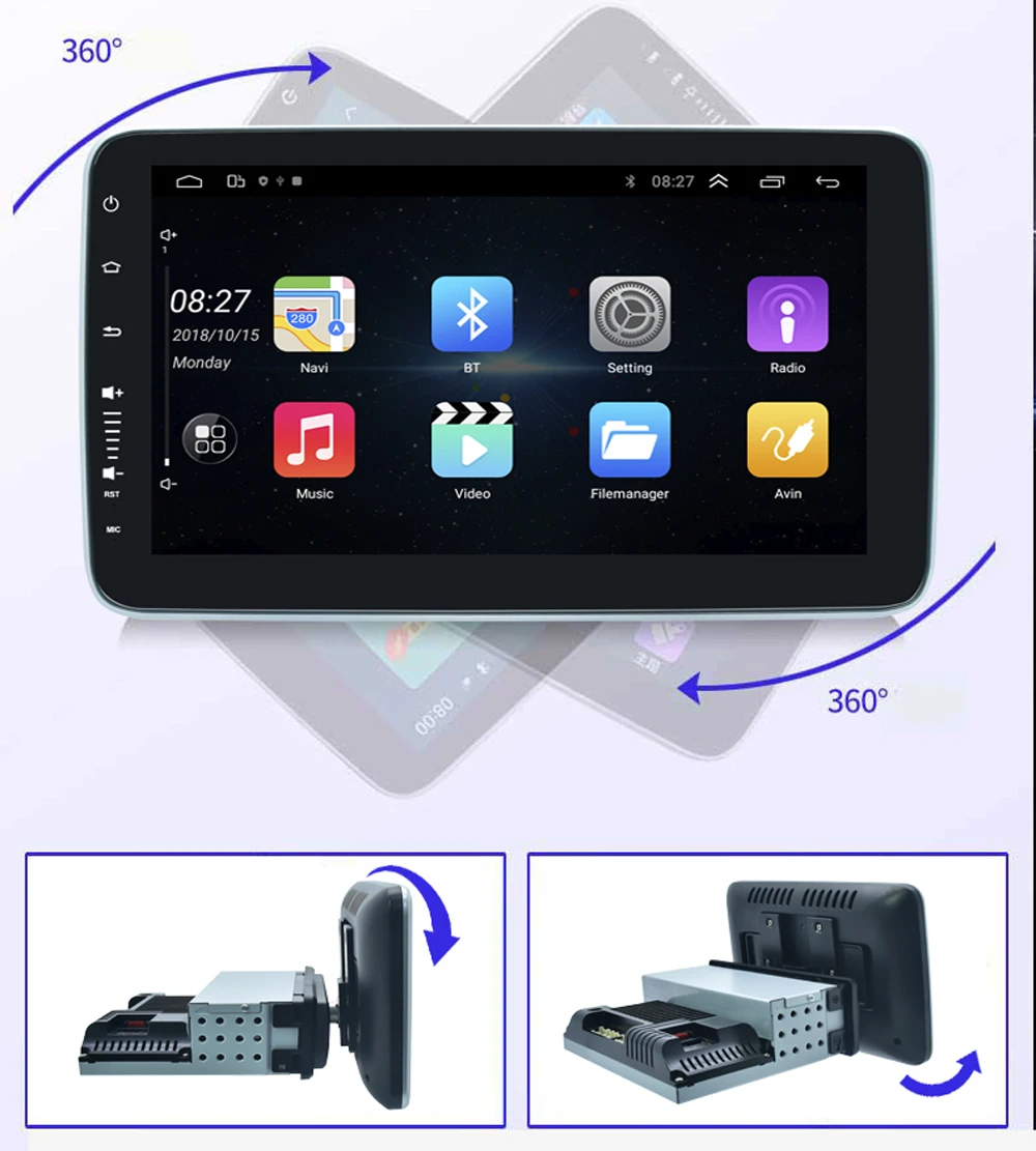 Universal 1 Din 9 Inch Carplay Android Multimedia Player Car DVD Player Rotatable 360 Degree Car Rotating Car Radio