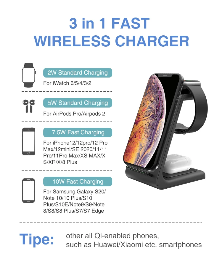 T3 Qi Charging Station Dock 3 in 1 Wireless Charger Stand for Apple Watch Airpods