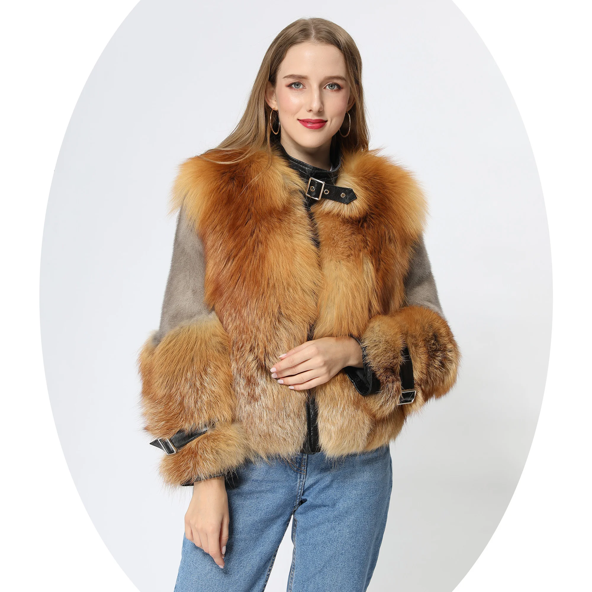 Janefur High Quality Natural Color Real Fox Fur Jacket Winter Women Custom Luxury Ladies Genuine Fluffy Fur Coats With Mink Fur
