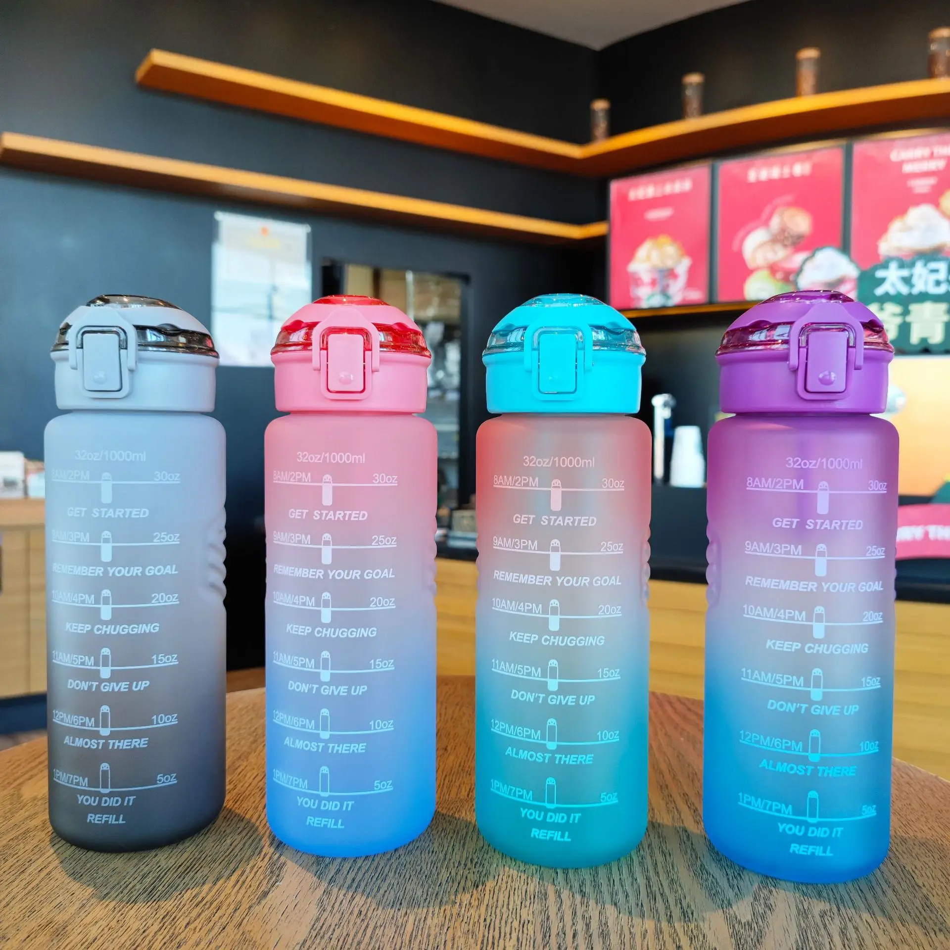 Leakproof Gradient Frosted Motivational Water Bottle Plastic 1l Gym Sports Water Bottle With Time Reminder Maker