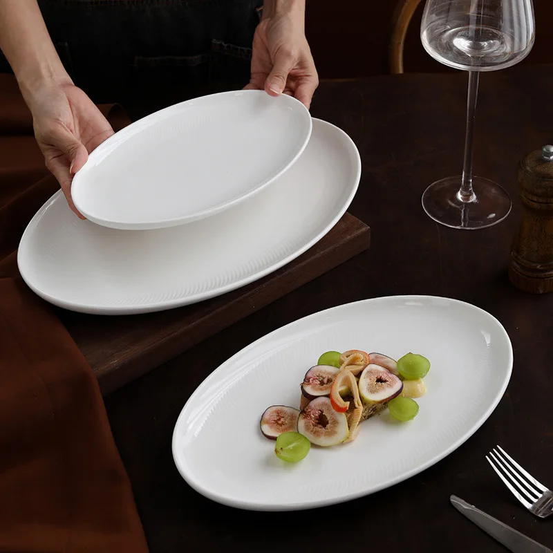 Wholesale Serves Striped Customise Ceramic Plate Custom Printed Ceramic Plates Restaurant Large Ceramic Oval Plate