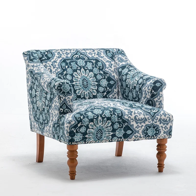 American style armrest sofa wooden legs print fabric big leisure chair