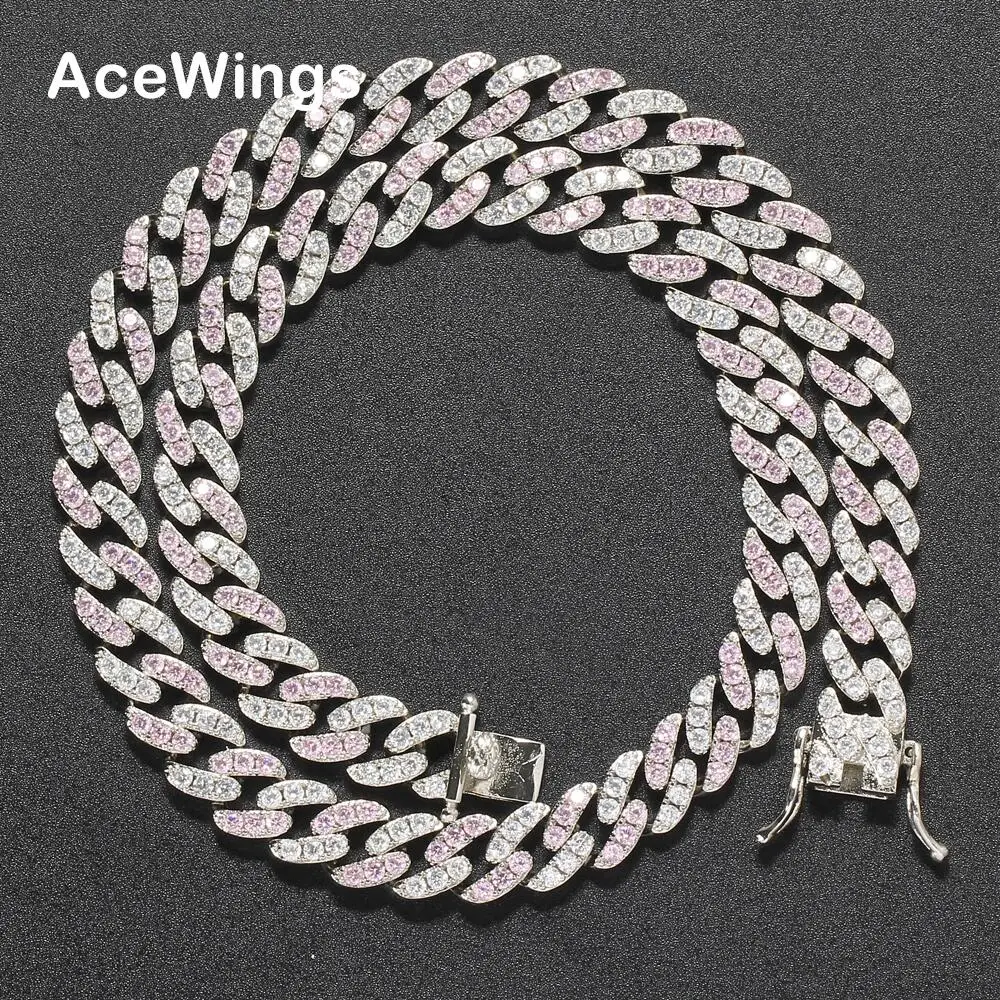 BC003 8mm silver pink Brass setting Zircon Cuban link Chain  Necklace Hip hop Bling Jewelry CZ Chain Iced Out