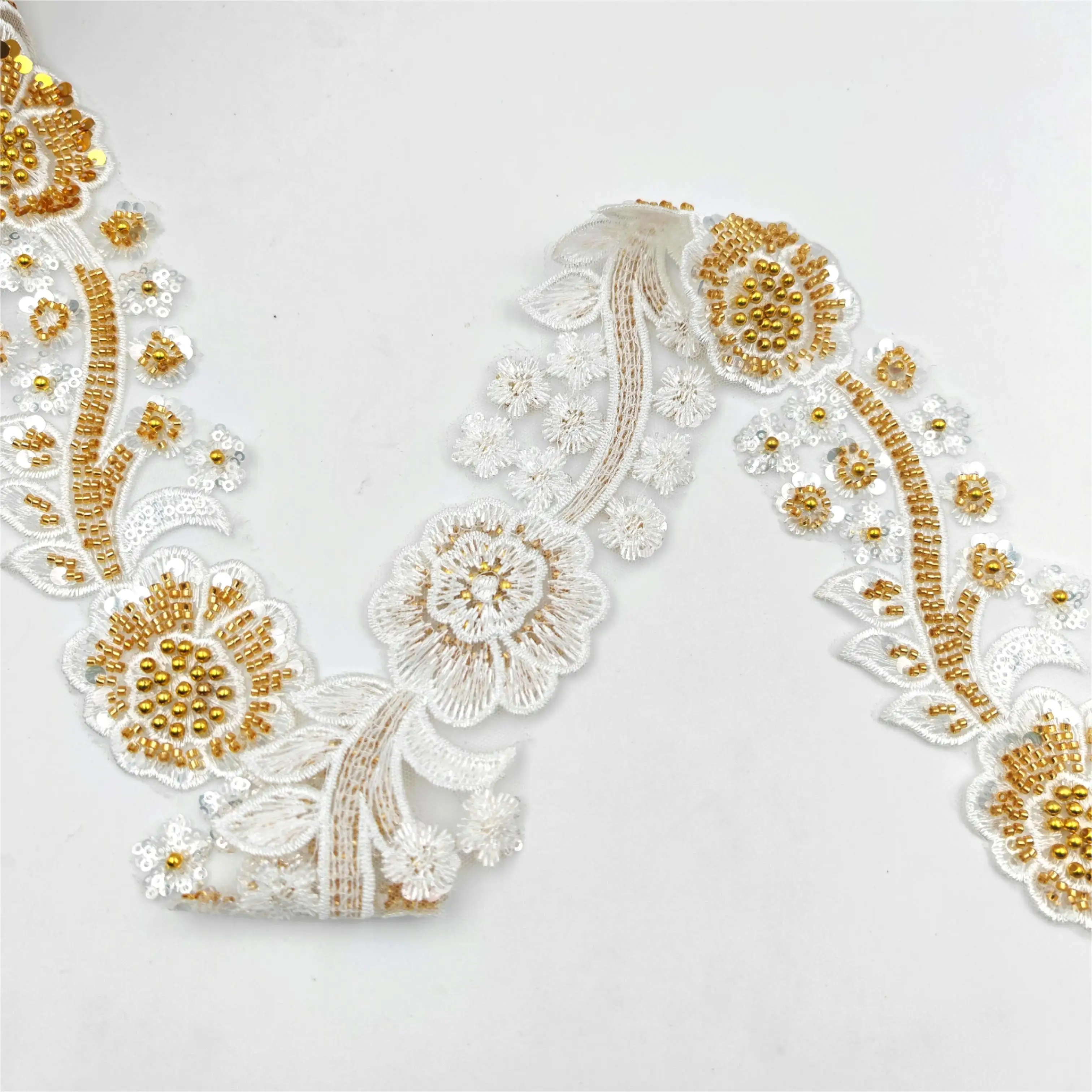 Luxury Beaded Lace sequin  rhinestone fabric Trim Bead Applique french lace fabric for bridal dress