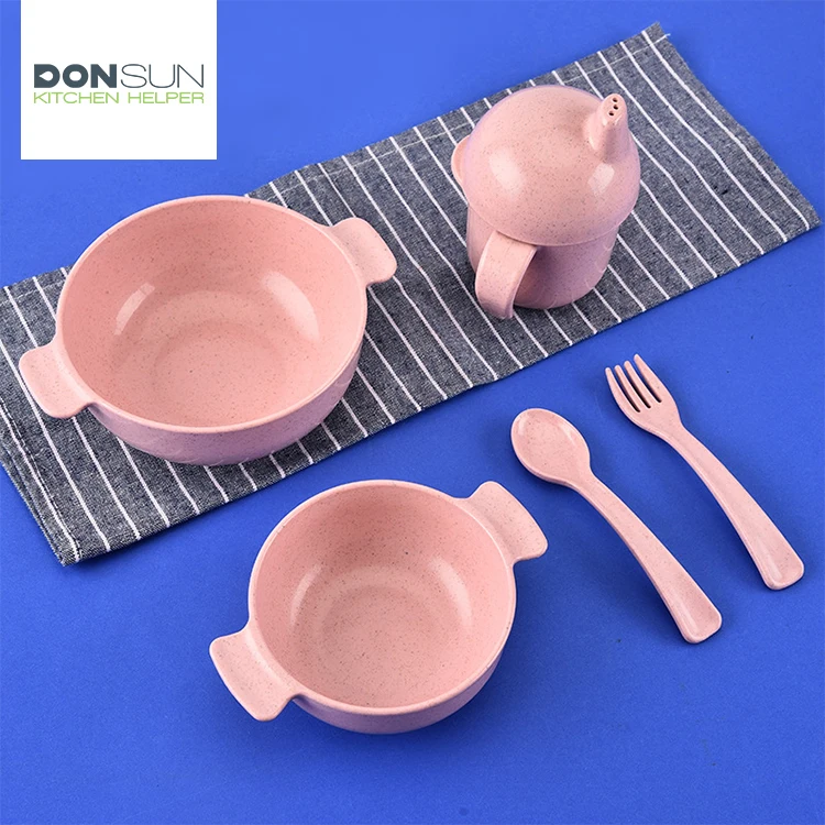 
Wholesale Eco Friendly 5PCS unbreakable Baby Tableware Wheat Straw Kids Dinnerware Set 