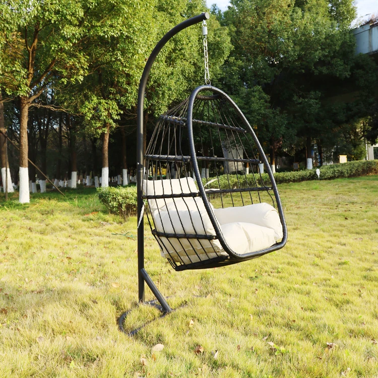 Modern Outdoor Garden Courtyard Patio Rope Pe Rattan Wicker Folding Hanging Swing Chair with Stand