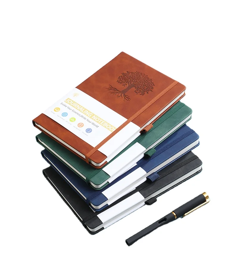 2024 Custom A5 Hard Cover Leather Elastic Band PU Monthly Daily Yearly Journal Planner Notebook Dairy