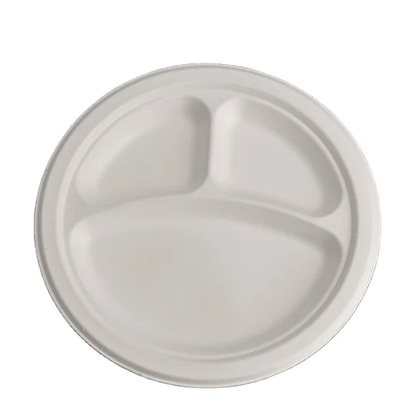 Wholesale Custom Logo Sugarcane Fiber 3 Compartments White Round Charger Plates Disposable Bagasse Fiber Biodegradable Plates