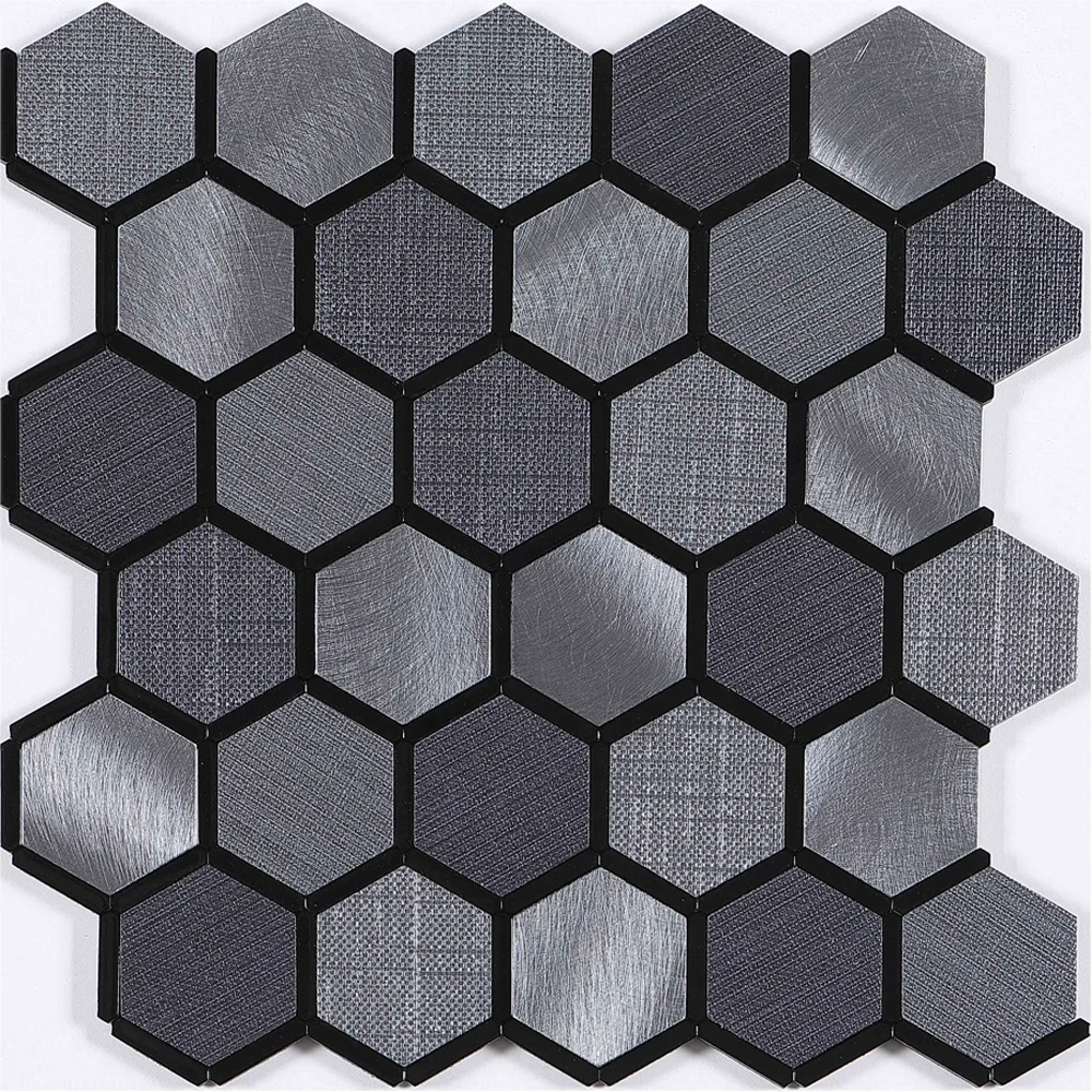 Ready to ship grays hexagon mosaic inlayed with mirror aluminium strips self adhesive kitchen tile