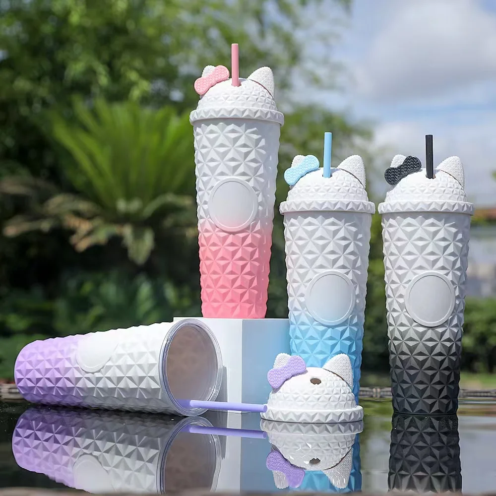 Botu Custom Logo 24oz Plastic Straw Cups Hello Kt Head Gradient Color Durian Water Cup Tableware Reusable Drink Cups With Lid