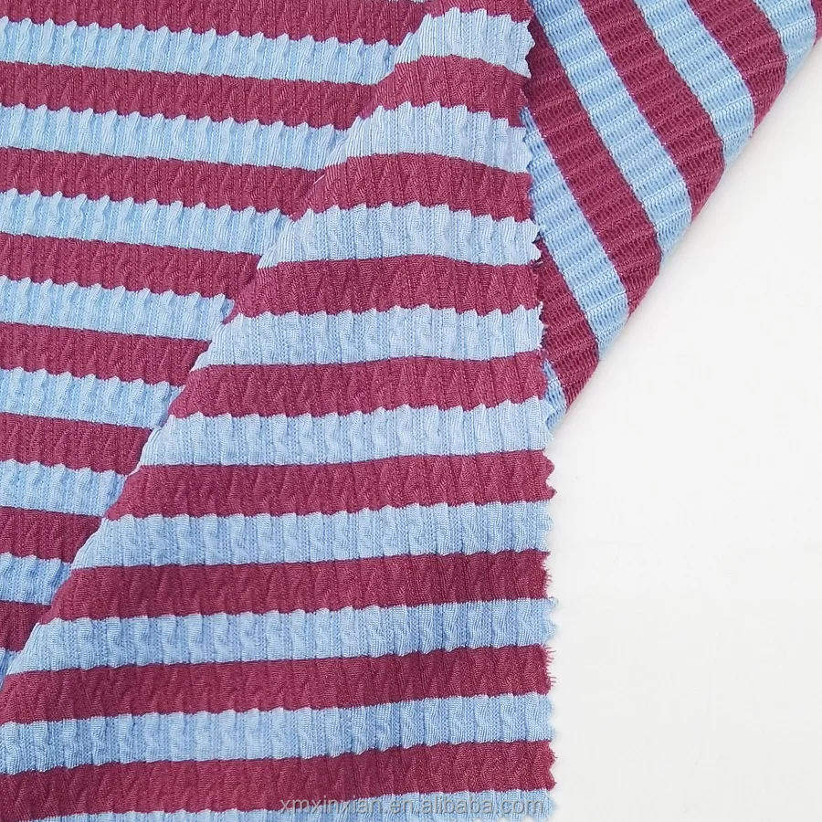 New Stripe colored Recycled crinkle swimwear seersucker knit thick stretchy swim fabric crinkle for bikini swimsuit