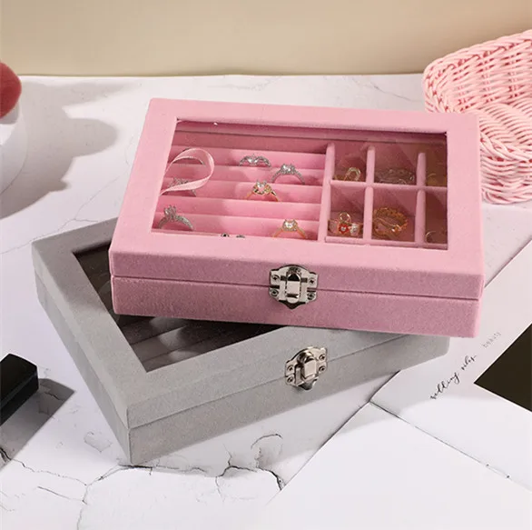 Large Capacity Pink Tray Transparent Showcase Ring Luxury Display Velvet jewelry Storage Box jewelry Organizer