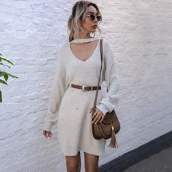 Women V NECK long sleeve winter sweater dress winter women clothing plus size fall casual sweater dress long sleeve knit