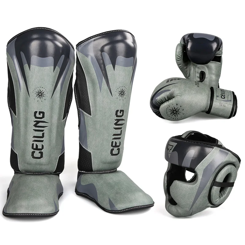 Wholesale custom boxing equipment boxing gloves 12 onz man shinguard leather may thai headgear mma