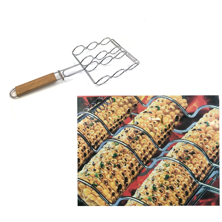 Non-Stick Coating silver Corn Grill Holder With Wood Handle
