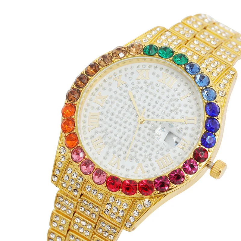 Gold Iced Out Men Watches Rainbow Diamond Quartz Luminous Watch Man Luxury Classic Unique Wristwatch