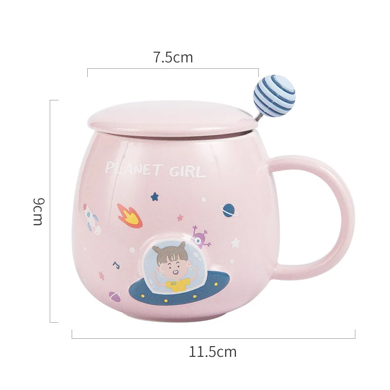 Creative Girl Cartoon Space Astronaut Relief Ceramic Coffee Mug Cute Home Drinkware Office Tea Cup with Spoon and Lid