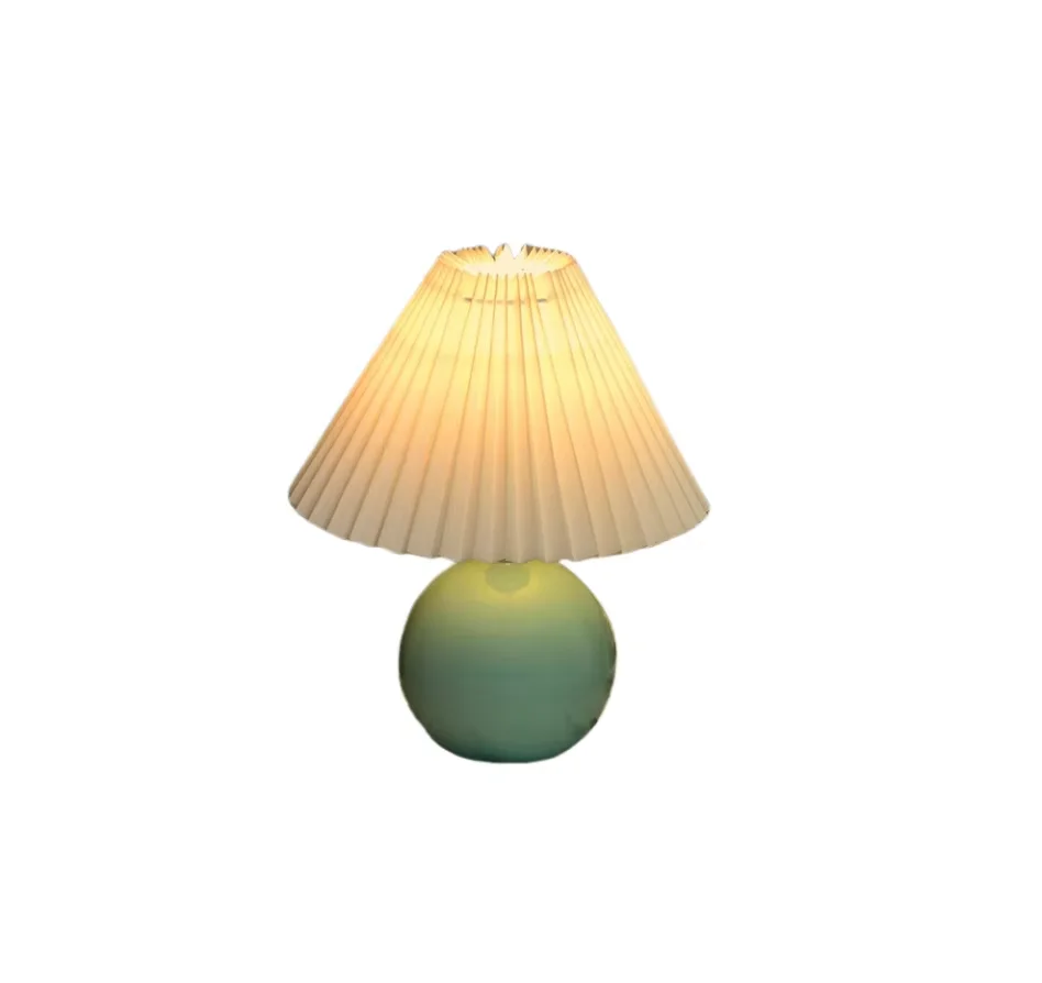Simple Design Creative Ceramic LED Dimmable Small Table Lamp Decoration Vintage Bedside Light Round Fabric Lampshade Night Light