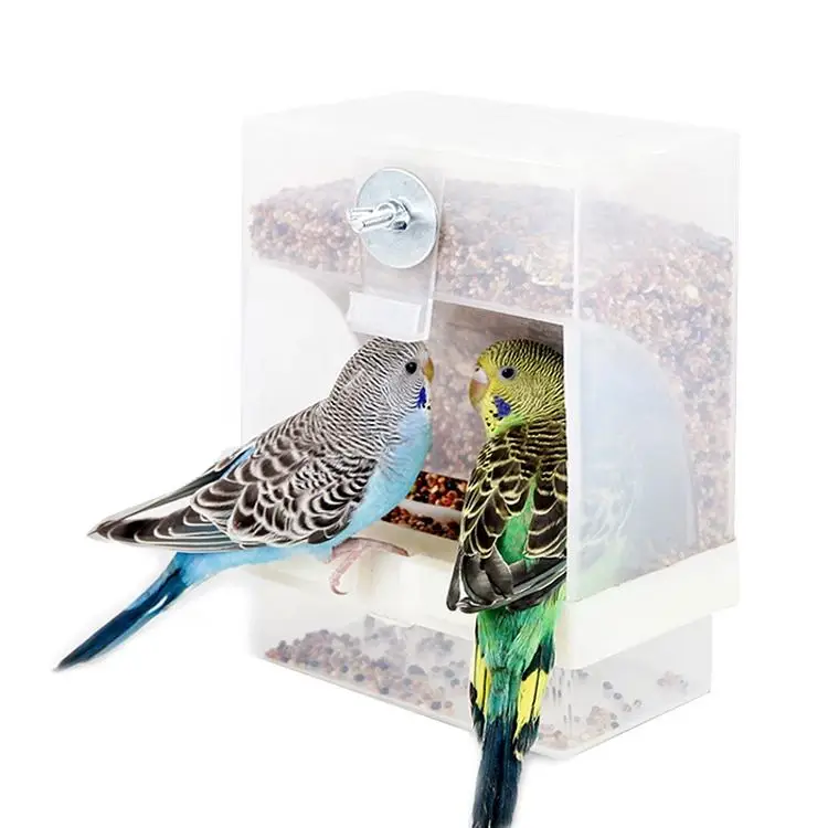 Qbellpet New Arrivals Plastic Acrylic Hanging Seed Cage Budgies Birds Food Automatic Parrot Feeder Macaw With Stand Accessories