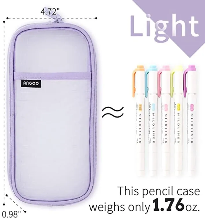 Grid Mesh Pen Pencil Case with Zipper Clear Makeup Color Pouch Cosmetics Bag Multi-Purpose Travel School Teen Girls Transparent